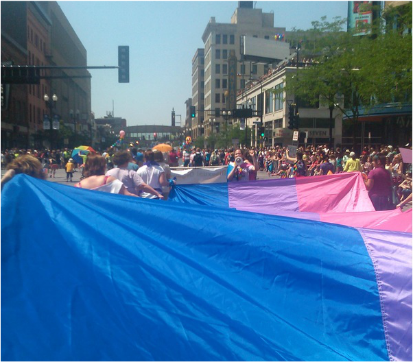 BOP folks carrying big bi flag in Twin Cities Pride Parade
